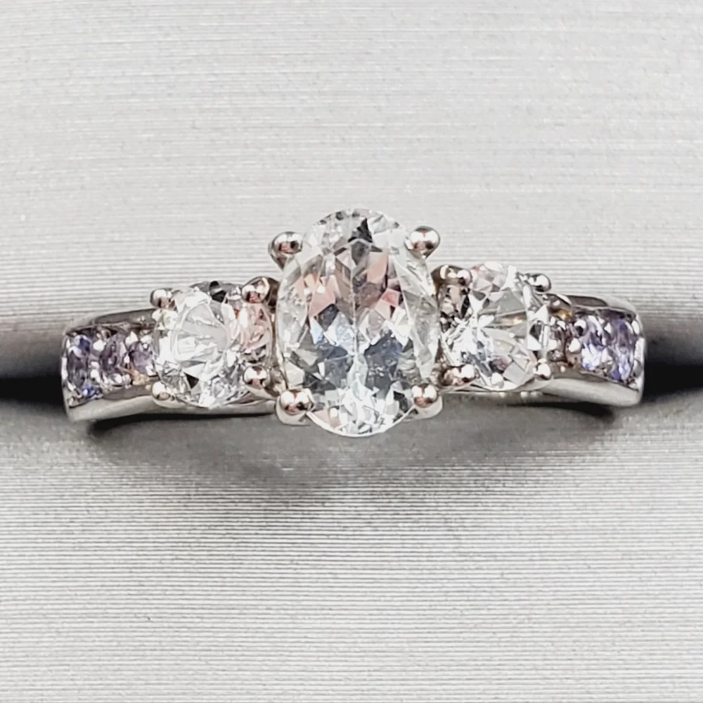 Goshenite & Tanzanite Ring 925 Sterling Silver Ring Three Stone Ring